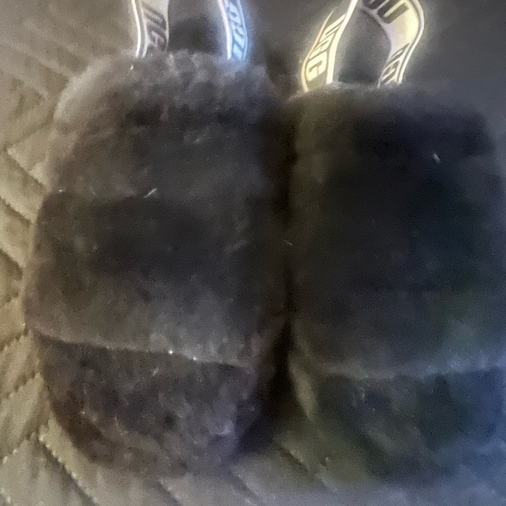 UGG Black Fuzzy Slippers with Logo Straps